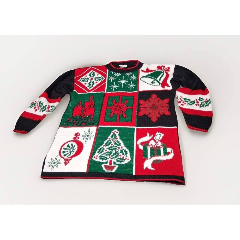 NutCracker Vintage Christmas Sweater Womens Medium‎ Patchwork Metallic Knit USA